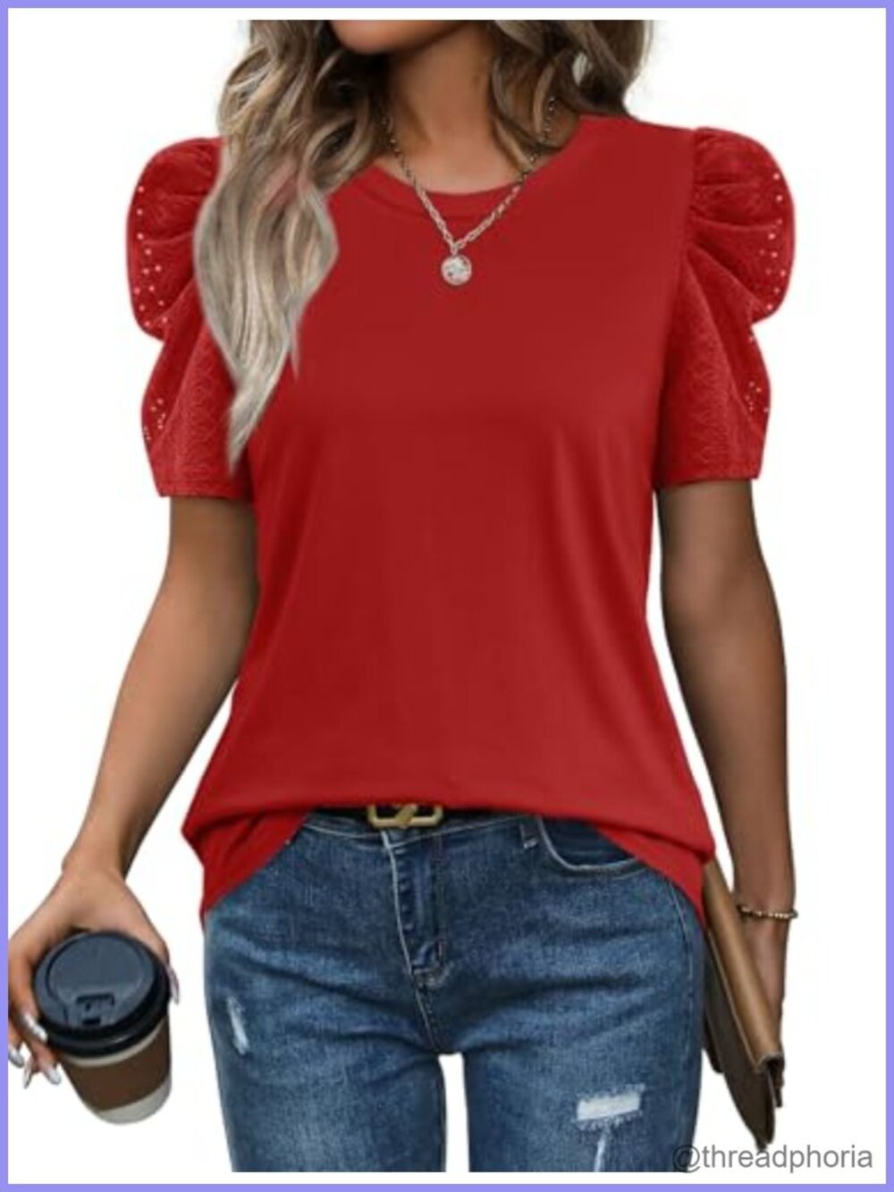 Women Puff Sleeve Crewneck Blouse Soft Summer Top Dressy Casual Tee